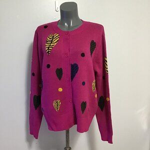 Gabby Isabella Pink Crew Neck Button Front Cardigan with Hearts Size L